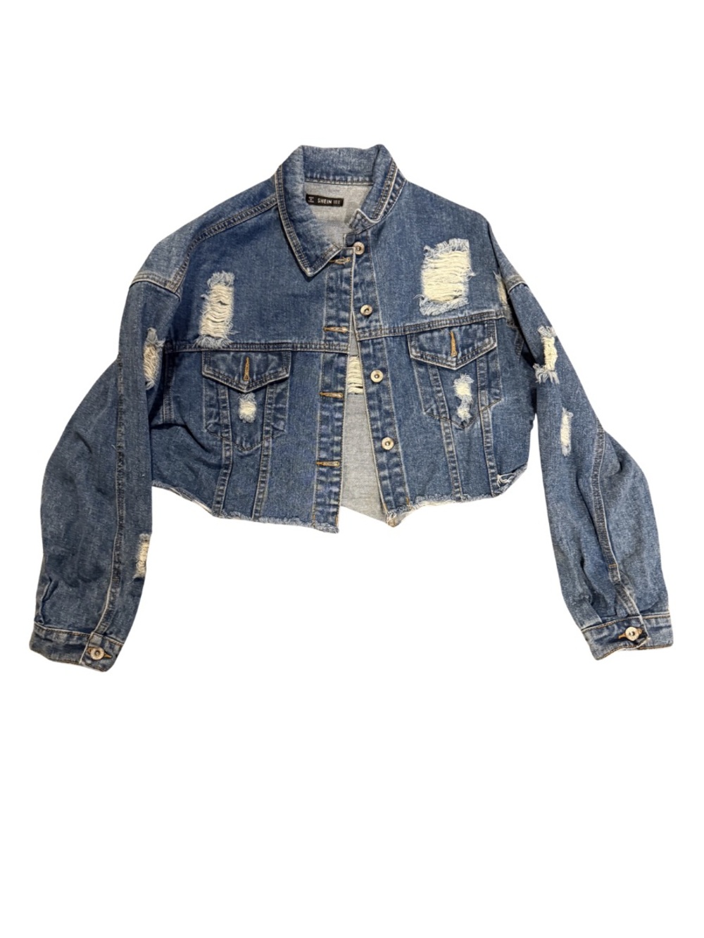 Distressed Cropped Blue Denim Jacket - Women's